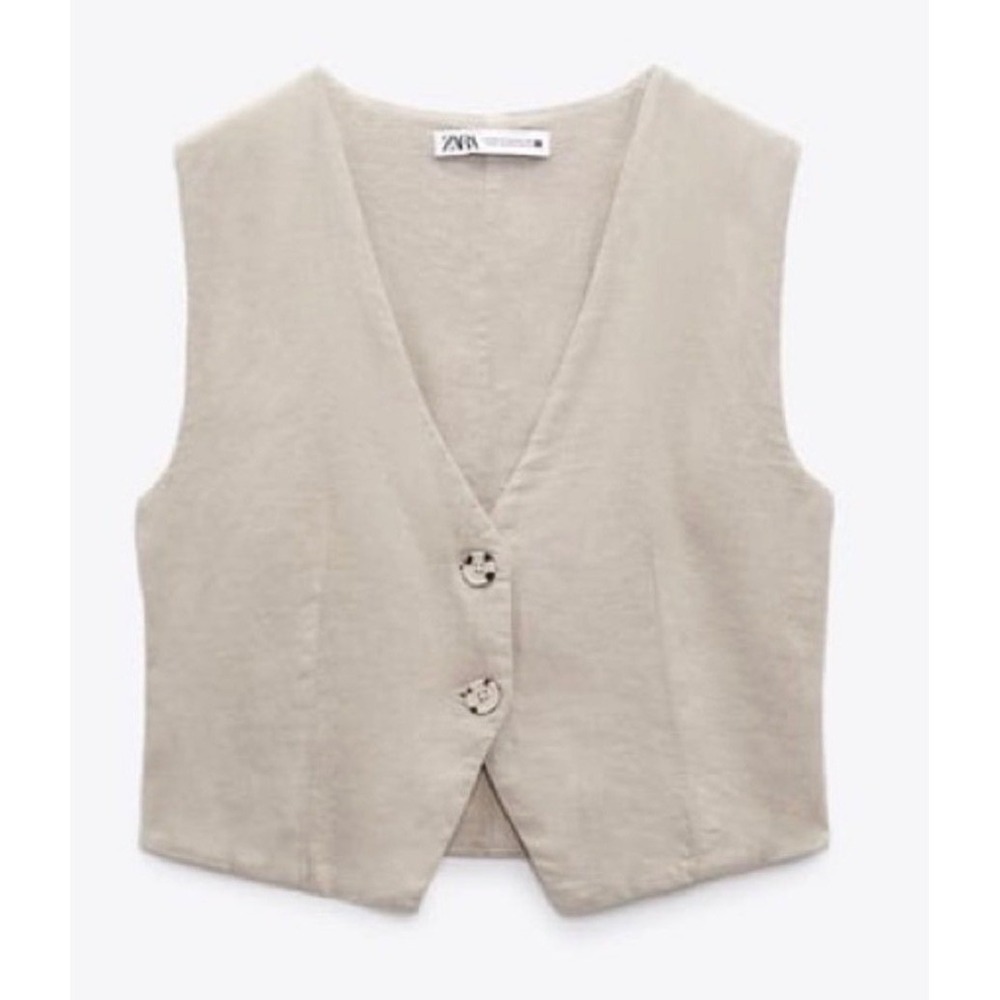 Zara Beige Linen-Blend Crop Vest